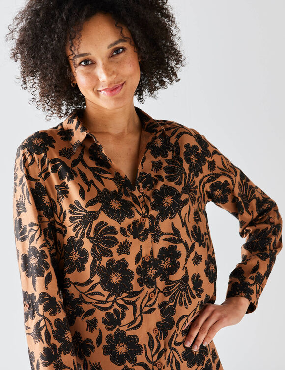 Chemise liquette imprimé floral bicolore (caramel / noir) Chemise liquette imprimé floral bicolore (caramel / noir)